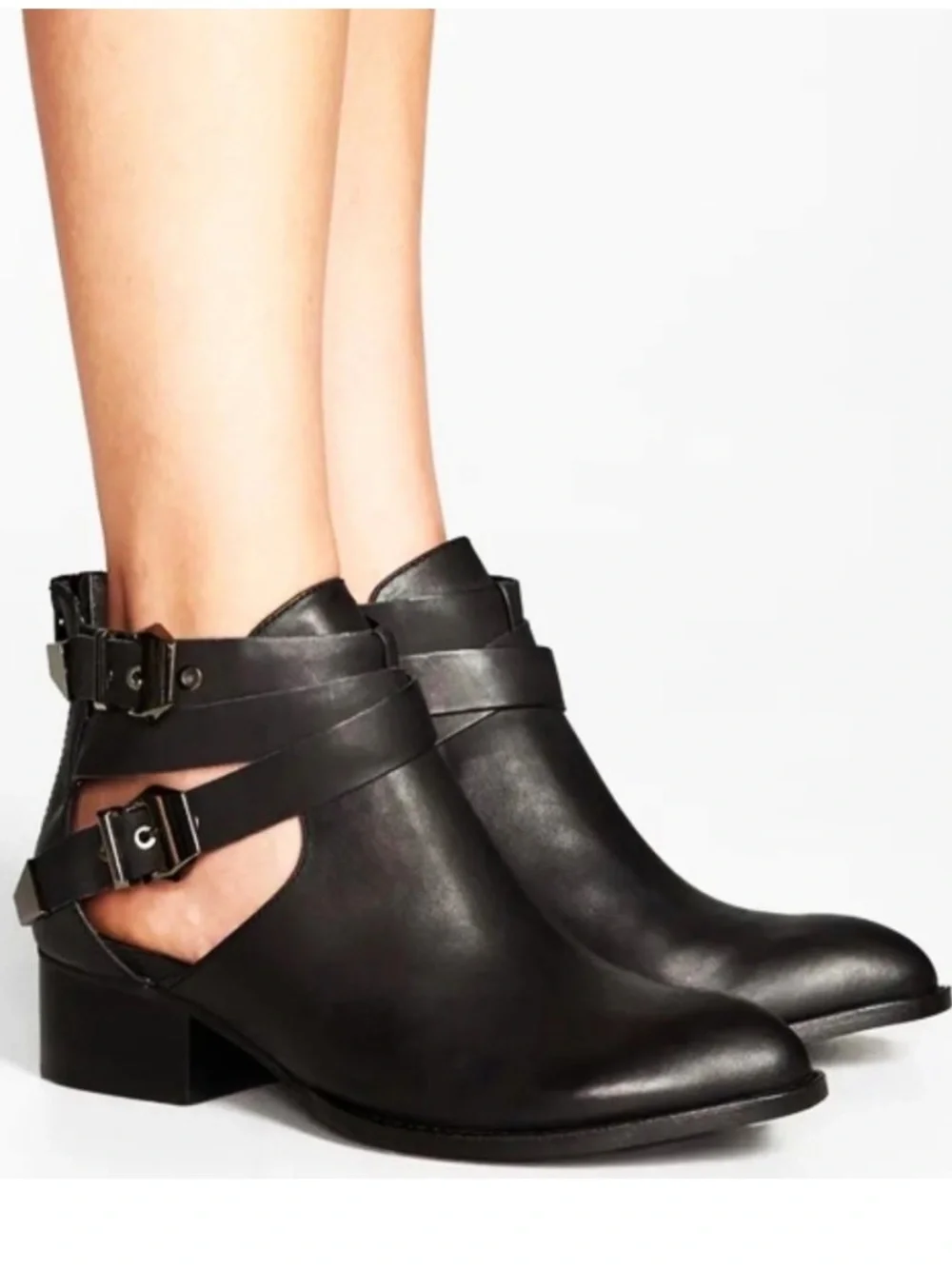 Ibiza Last Jeffrey Campbell Black Leather Cutout Ankle Boots 8.5 Gunmetal Buckle